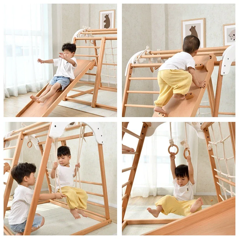 실내 어린이 놀이터 아기 어린이 단단한 나무 등반 프레임 장난감 세트, 나무 슬라이드 스윙 암벽 등반