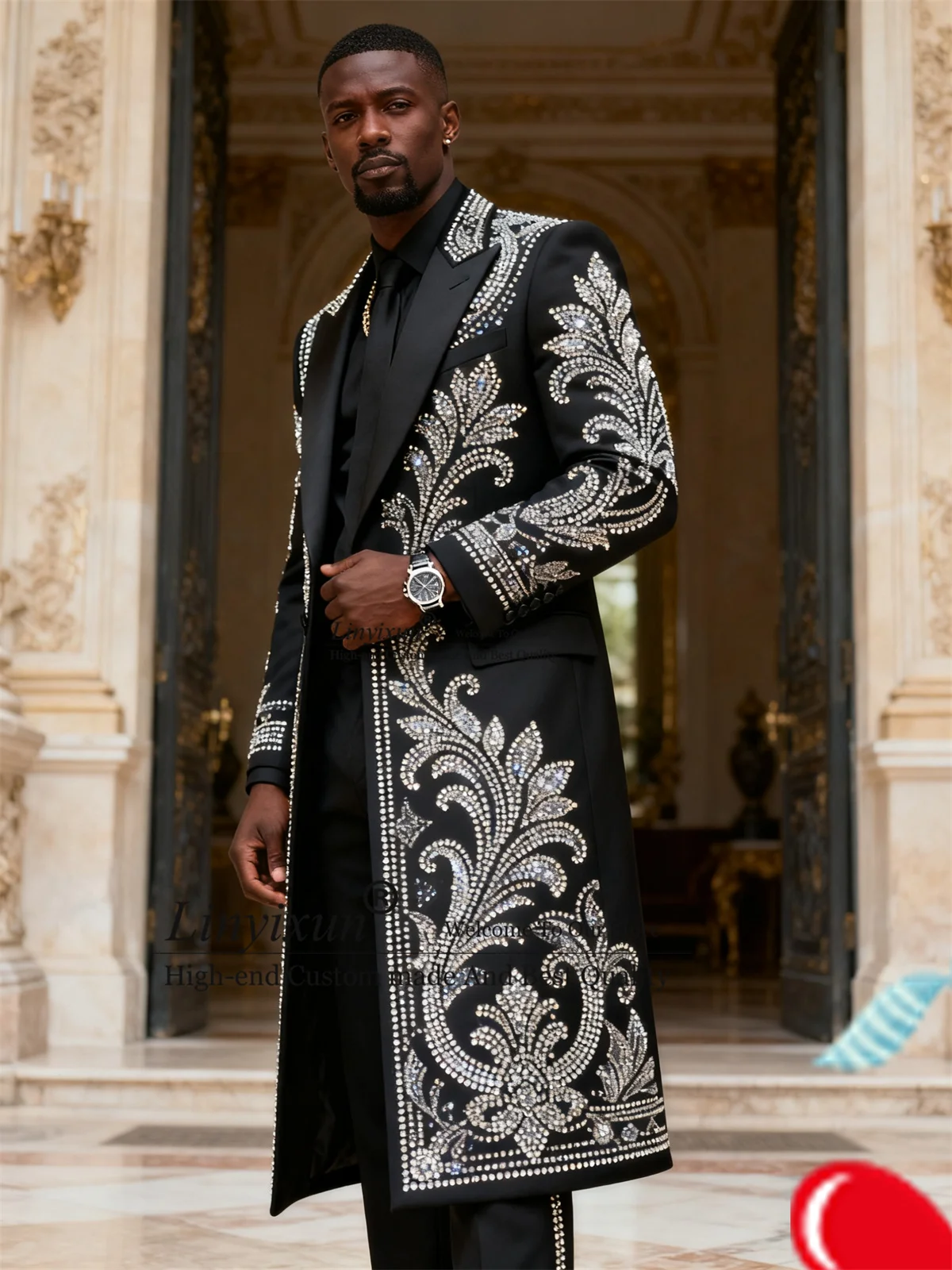 Ornamento scintillante Strass Abiti da uomo 2 pezzi Set Party Sposo Blazer maschili Smoking da sposa personalizzato Cappotti lunghi Costume Homme