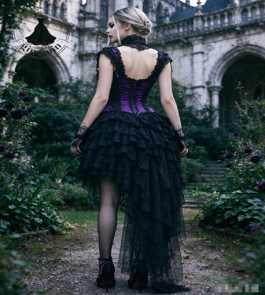Purple Black Gothic Short Prom Dress 2027 High Low Vampire Halloween Costume Evening Gown Tiered Lace Victorian Party Customized