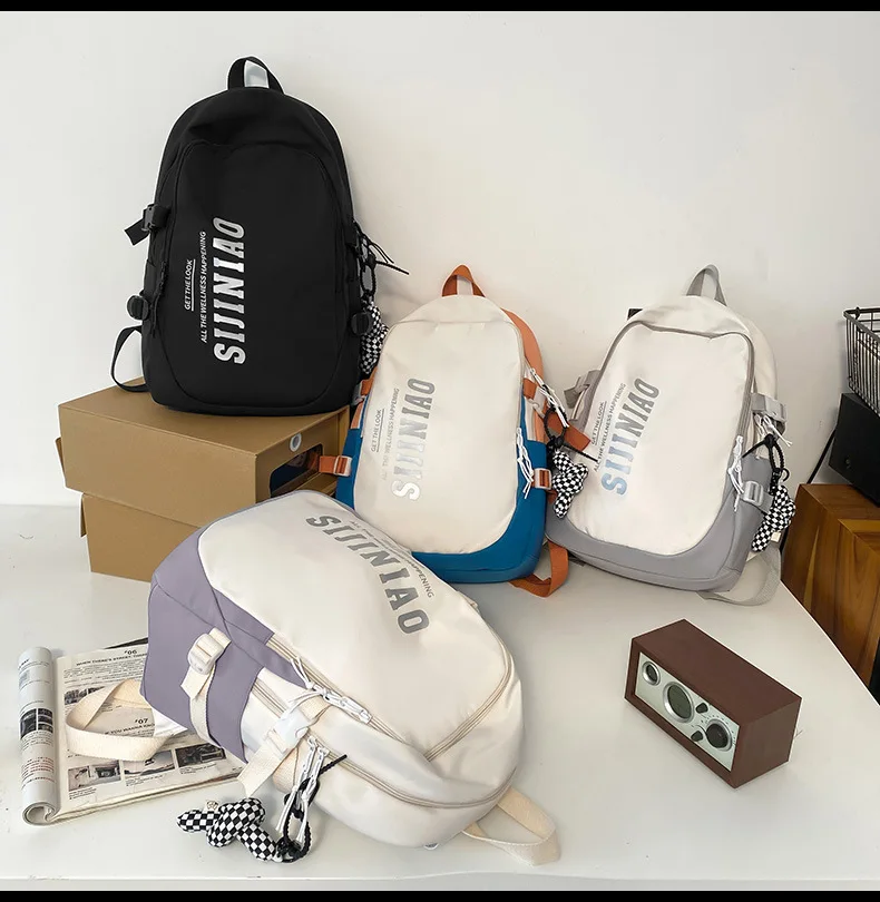 Women Streetwear Backpack Contrast Color Patchwork School Bag Nylon Waterproof Rucksack with Pendant for Teen Girls Students