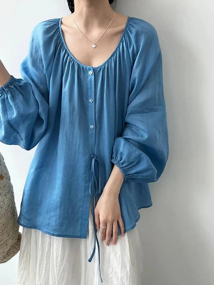

Women Blue Thin Back Button Elegant Big Size Blouse New Round Neck Long Sleeve Shirt Fashion Spring Summer