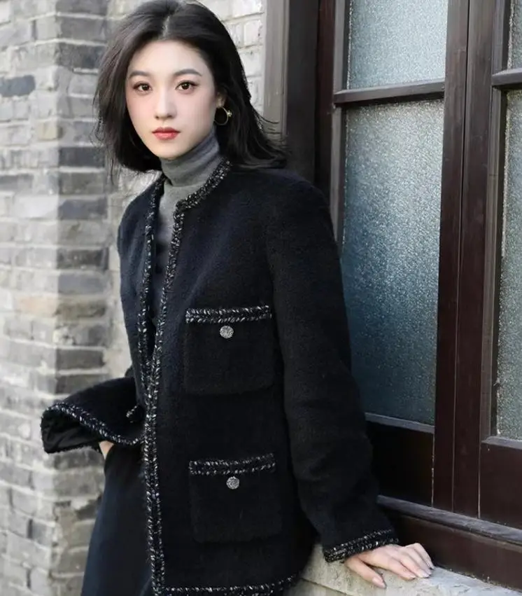 Autumn Winter Tweed Padded Short Jacket Women Thick Warm Coat Casual Long Sleeve Patchwork Elegant Plus Size M-4XL Black Clothes