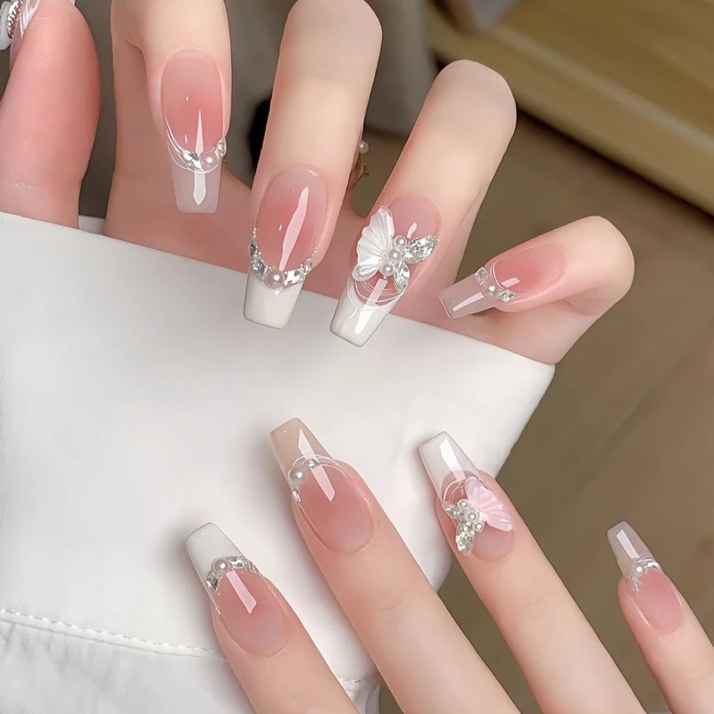 24 pièces paillettes strass perle presse sur ongles doux papillon nœud papillon faux ongles blanc français Nail Art cercueil Ballet faux ongles