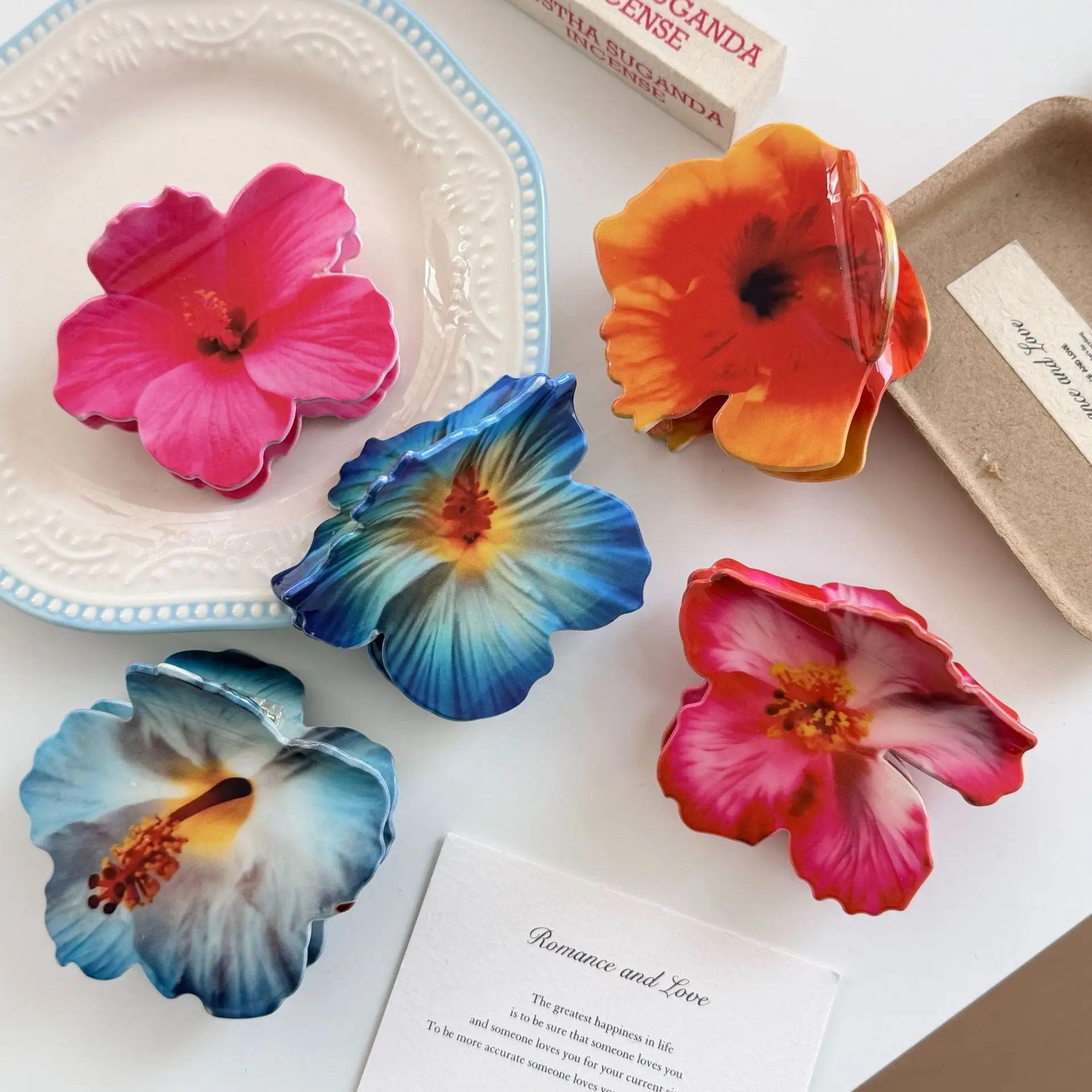 NUEVO Clip de Pelo con Flor de Hibisco Estilo Vacaciones de Verano, Pinza de Pelo Acrílica, Clip de Pelo con Forma de Cangrejo para Playa, para Mujeres y Niñas, Accesorios para el Cabello Estilo INS