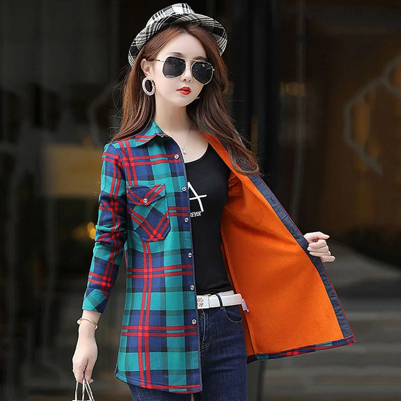 2023 Winter Plaid Shirt Women Warm Long Korean Version Of the New Elastic Slim Fleece Middle-aged Thick Coat Women