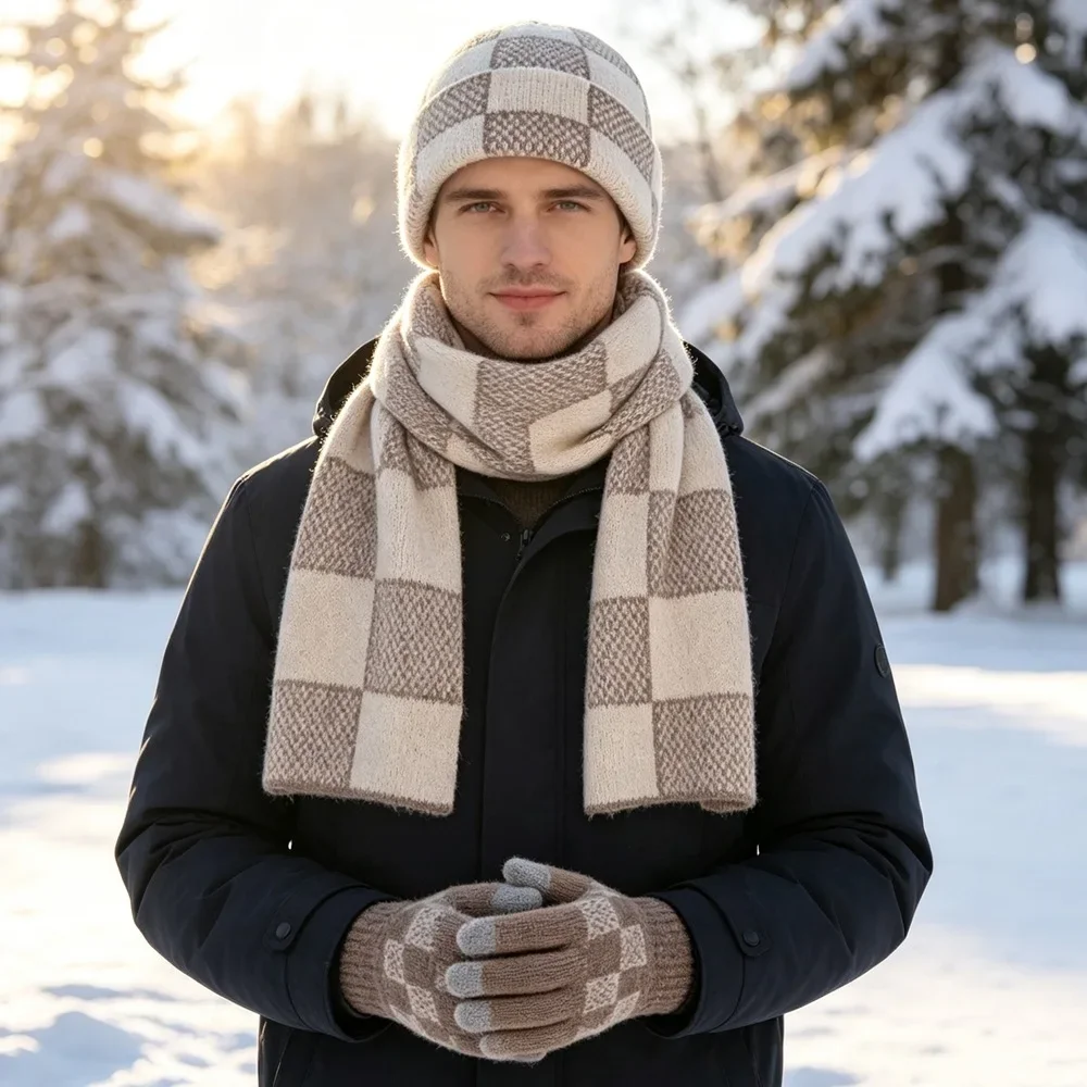 Men s Winter Knit Hat Scarf Gloves 3 Piece Set with Classic Contrast Plaid Color Block Pattern for Cold Weather