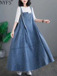 NYFS 2024 Summer New Korea Women Denim Dresses Vestidos Robe Elbise Loose Plus Size Short Sleeve Fashion Strap Dress