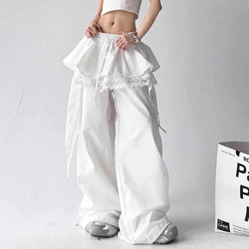Y2K Black Cargo Pants Women Streetwear Lace Patchwork White Wide Leg Pants Summer Gyaru Harajuku Korean Baggy Trousers New
