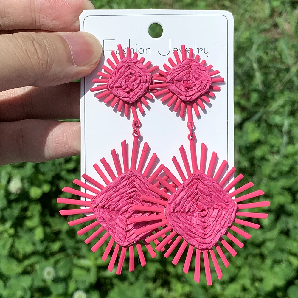 Unique Pink Heart Raffia Earrings Cute Dangle Bohemian Ratten Earrings Statement Handmade Knitting Summer Love Jewelry for Women image 2