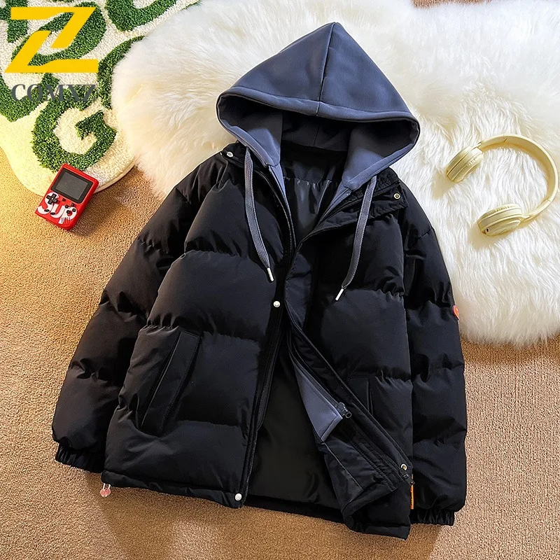 COMXZ 2025 Mens Womens American Style Fake Two Piece Hooded Puffer Jacket Winter Windproof Thickened lightweight windbreaker