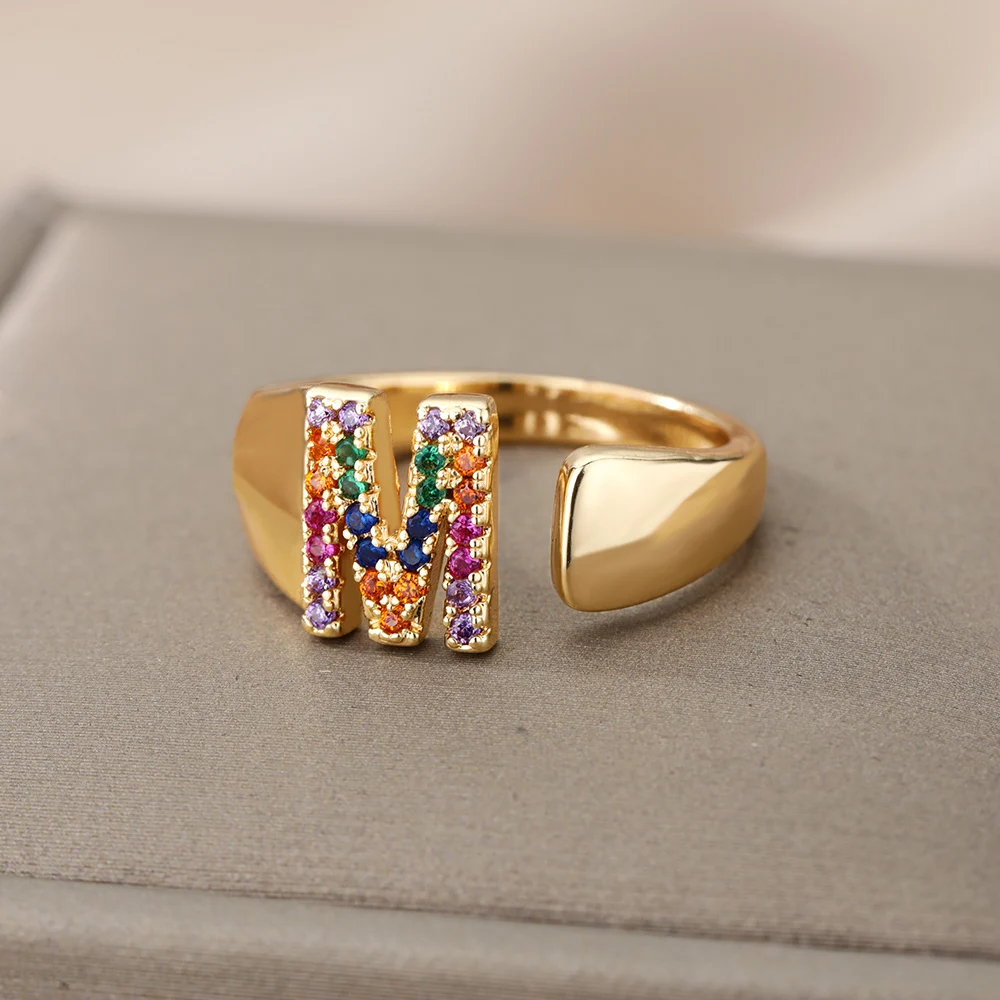 Rainbow Zircon Letter Rings For Women Fashion Chunky Wide Letter A-Z Stainless Steel Ring Wedding Boho Jewelry Gift 2024