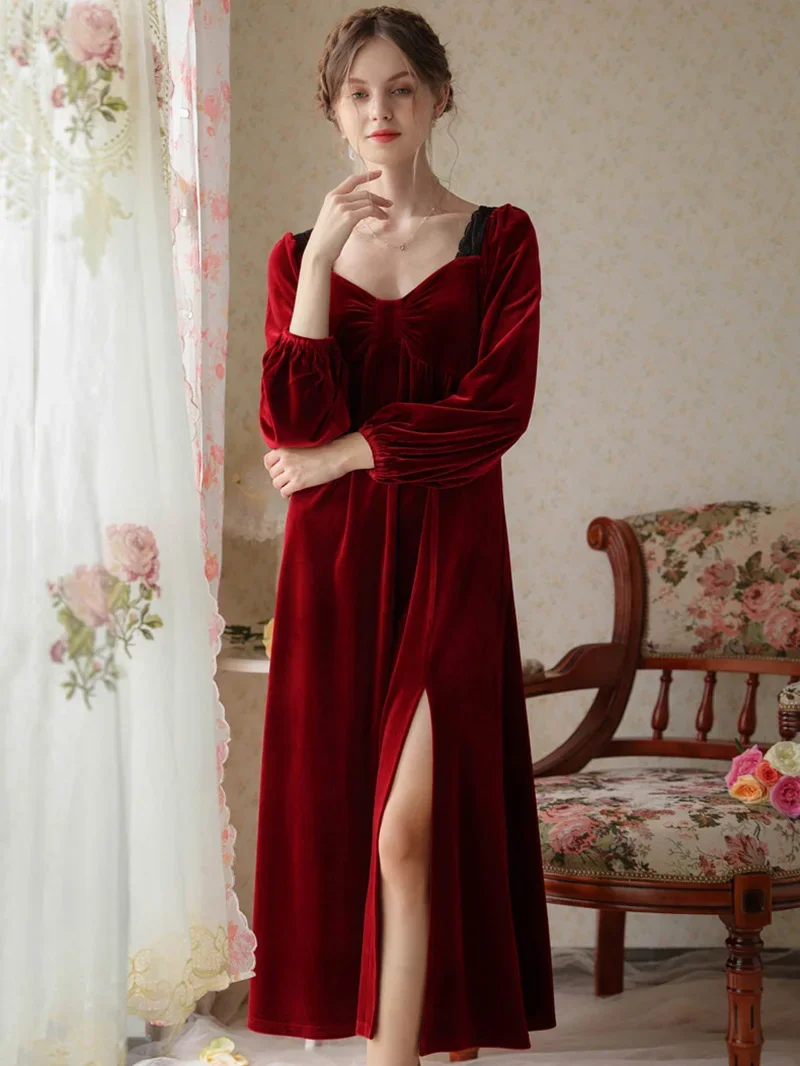 Autumn Winter Velvet Princess Night Dress Pleuche Robe Nightgowns Ruffles Lace Slit Vintage Pajamas Women Victorian Sleepwear