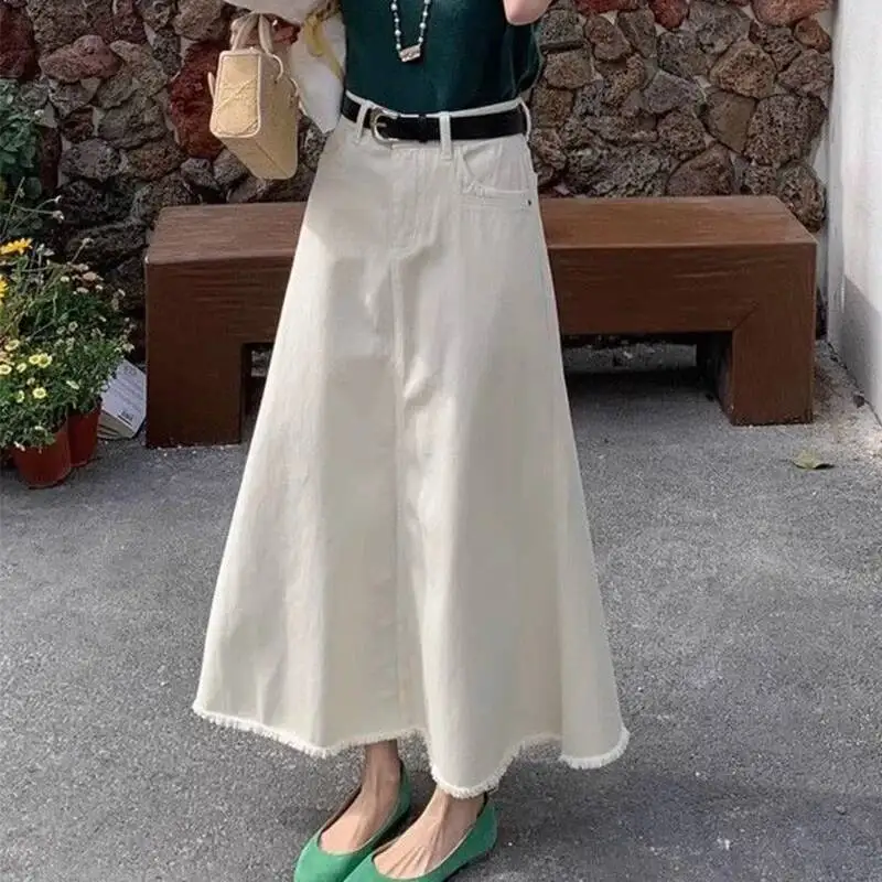 أنيقة عالية الخصر ألف خط طويل المرأة الخريف خمر حافة الخام الدنيم التنانير الكورية عادية كل مباراة فضفاض الأبيض تنورة سيدة #2