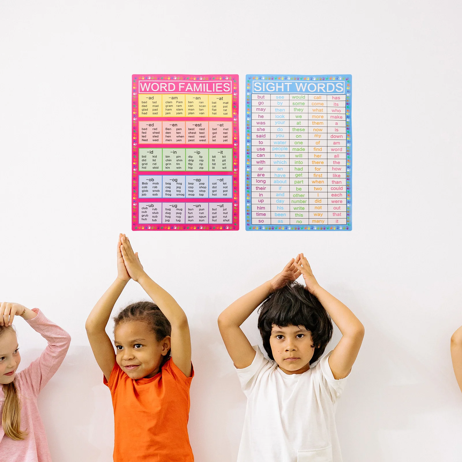 Cartoon-Englisch-Unterricht, 2 Blatt, helle pädagogische visuelle Poster für Kinder, Heimschulbedarf, Wandlerndekoration