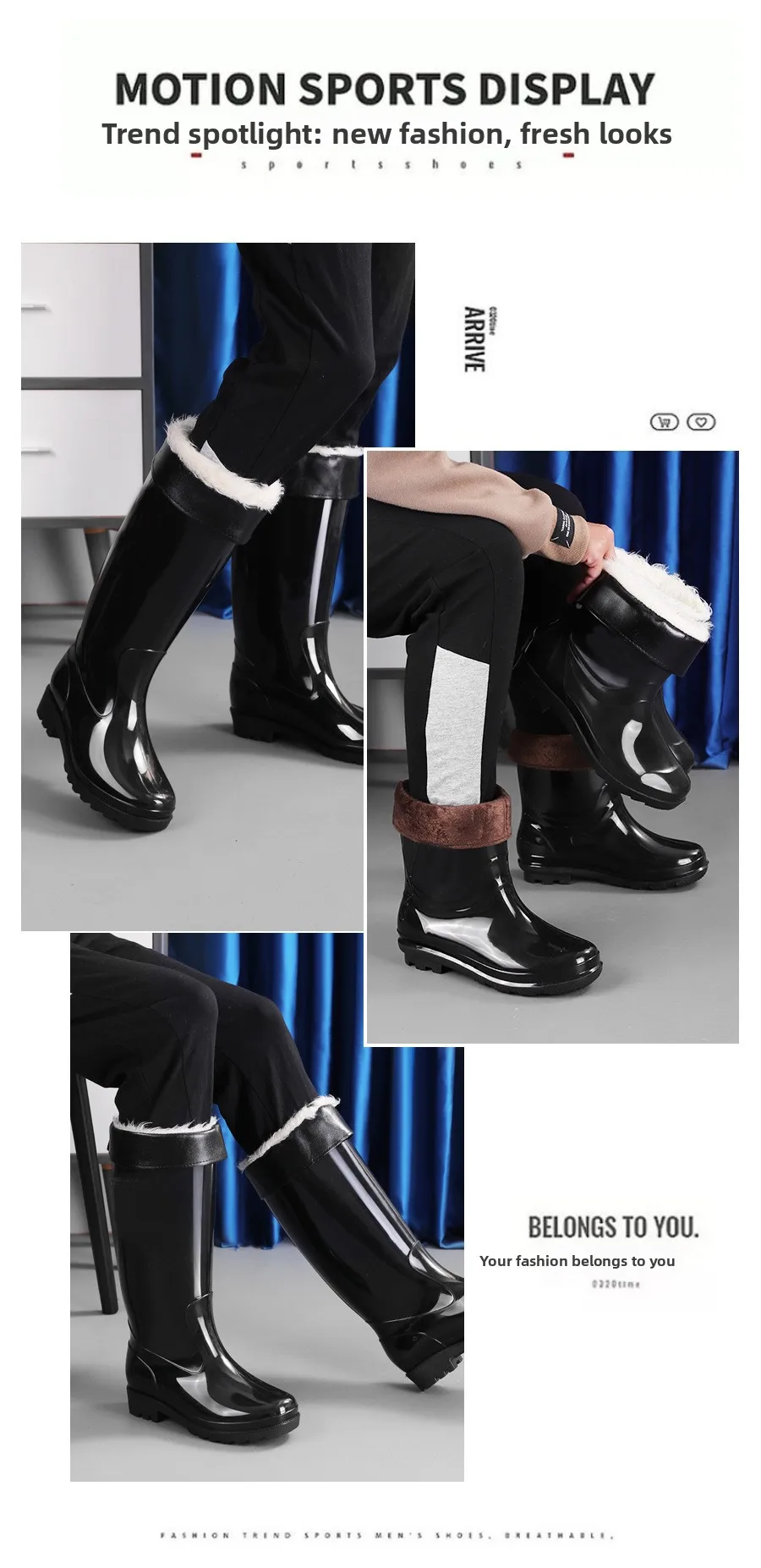 Hohe Regenschuhe für Herren Lange Gummistiefel Wasserdicht Outdoor Rutschfest Samt Warm Wasserschuhe Kälteschutz – Detail 2