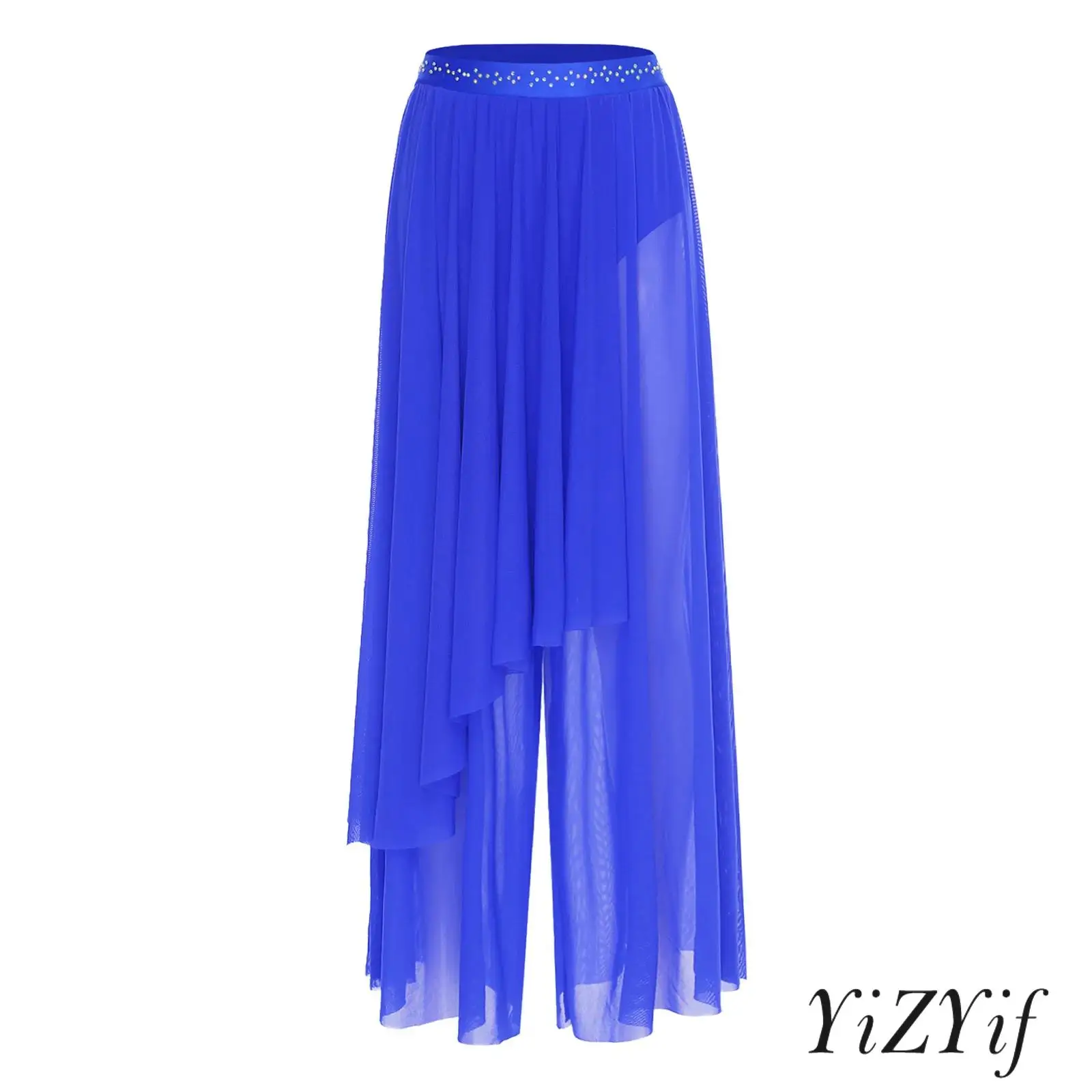 

Womens Contemporary Dance Pants Shiny Waistband Loose Leg Mesh Irregular Overlay Built-in Briefs Dance Bottom Lyrical Dancewear