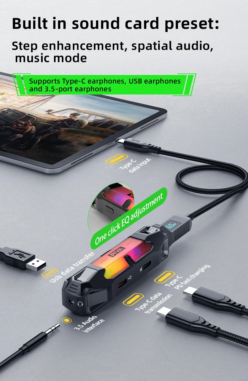 PIVA 4 in 1 Game Sound Card Adapter Docking Station Type-C PD60W DAC 32bit/384kHz 3.5MM USB2.0 3-stage EQ Tuning RGB for PUBG
