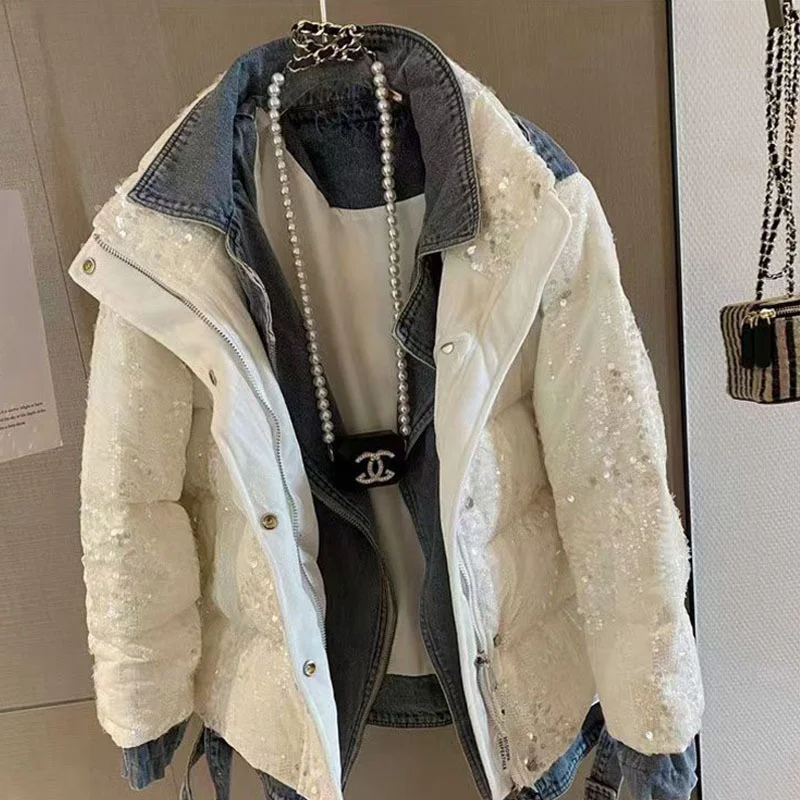 Sequins Winter Fashion Jacket Women Denim Splicing Duck Down Coat Casual Outdoor Black White Gray Female Parkas