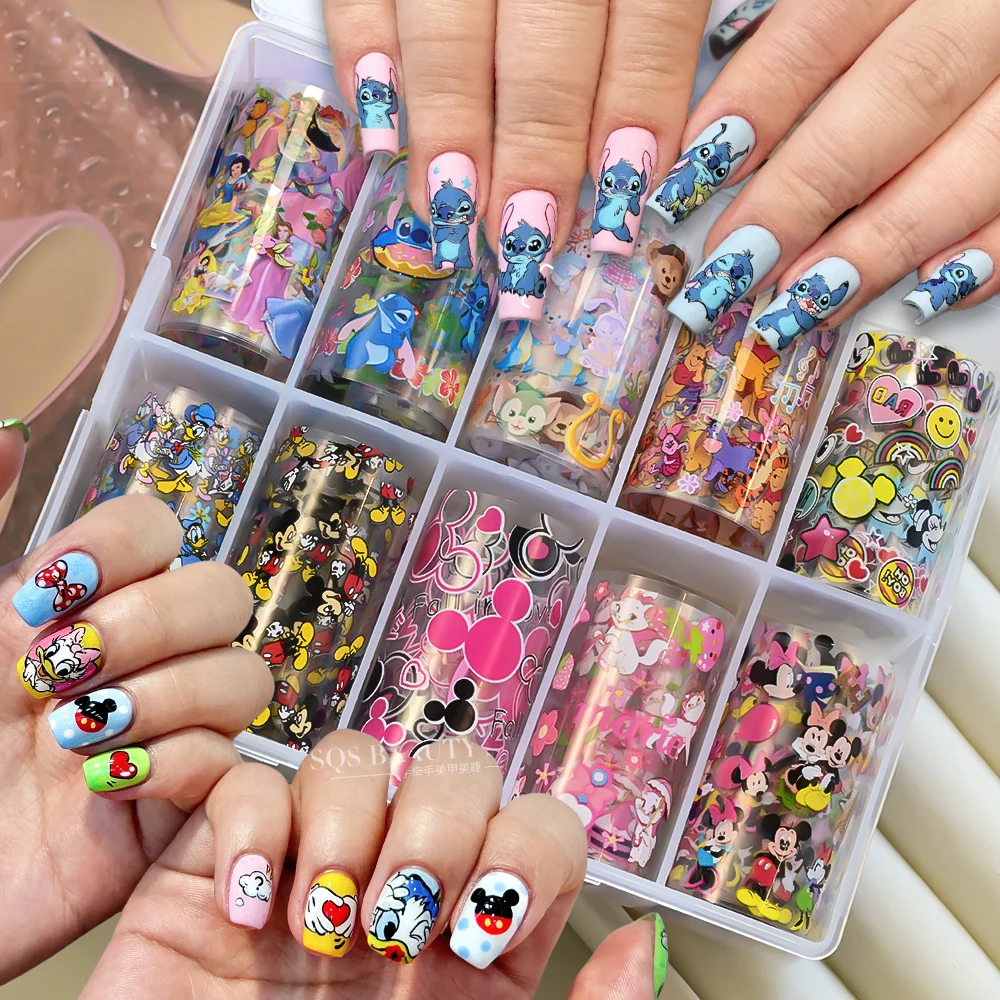 10 롤 만화 미키 마우스 네일 전송 스티커 4*100cm 스티치 도널드 덕 위니 베어 귀여운 네일 전송 인쇄 슬라이더