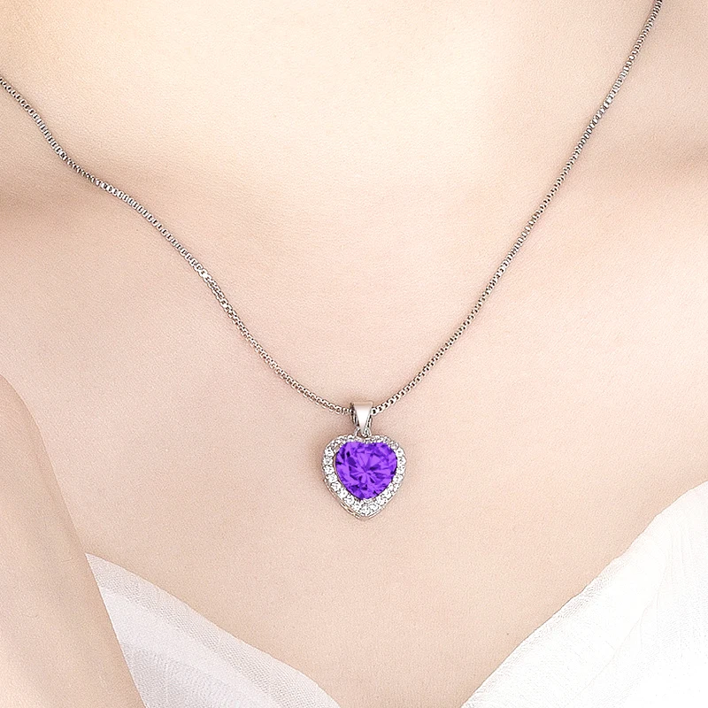 Neue Mode 925 Sterling Silber Herz CZ Anhänger Halsketten Frauen Schmuck Jahrestag Geschenk Lila & Rot & Rosa Zirkon Schlüsselbein kette – Detail 16