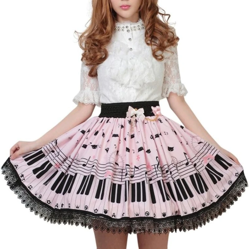 

2025 Pink Polyester Lace Piano Keybord Printed Lolita Skirt Women Dress