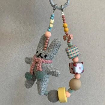 Lapin fait à la main bricolage sangle de téléphone lanière avec carte coulissante pour iPhone 14 CCD caméra Airpods cartable Ins corée nouvelle perle personnalisée