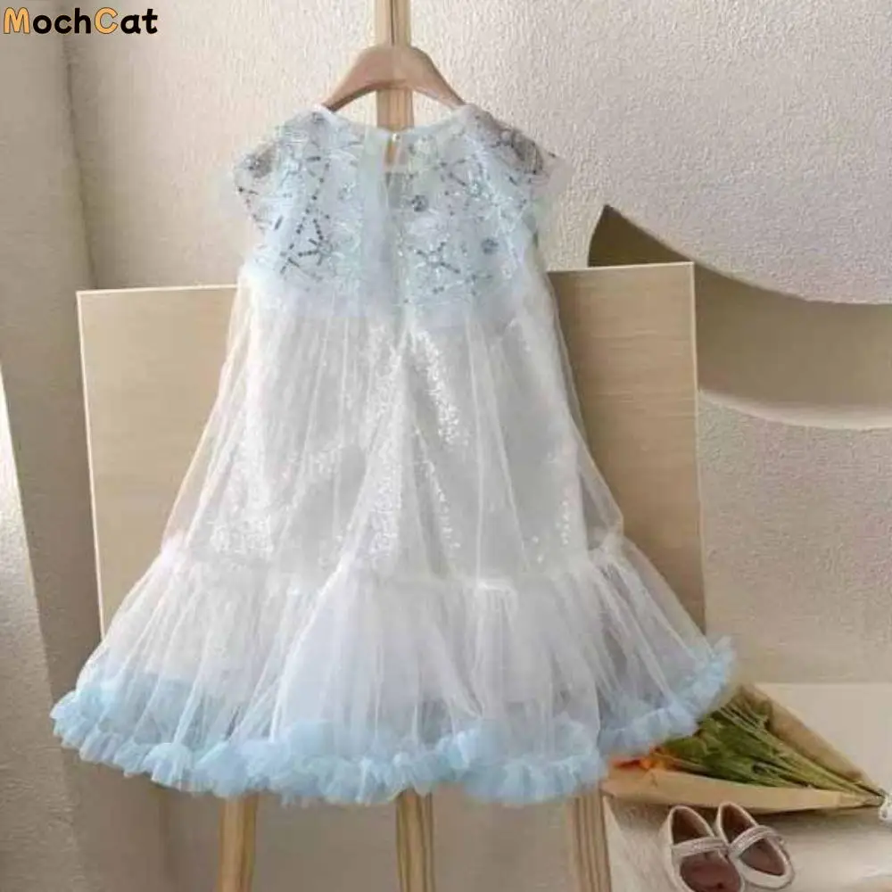 

Elegant Sequin Girls Princess Dress Teens Loose Summer Dress Beach Vacation Sweet Children Mesh Dress Students