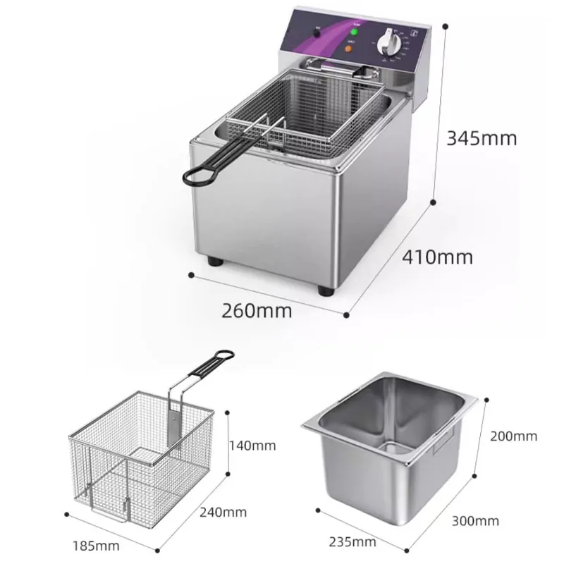 13L Commercial Deep Fryer 4.8KW Electric Countertop Fryer with Basket Single Tank Oil Fryer Thickened 60~200°C Temp Control