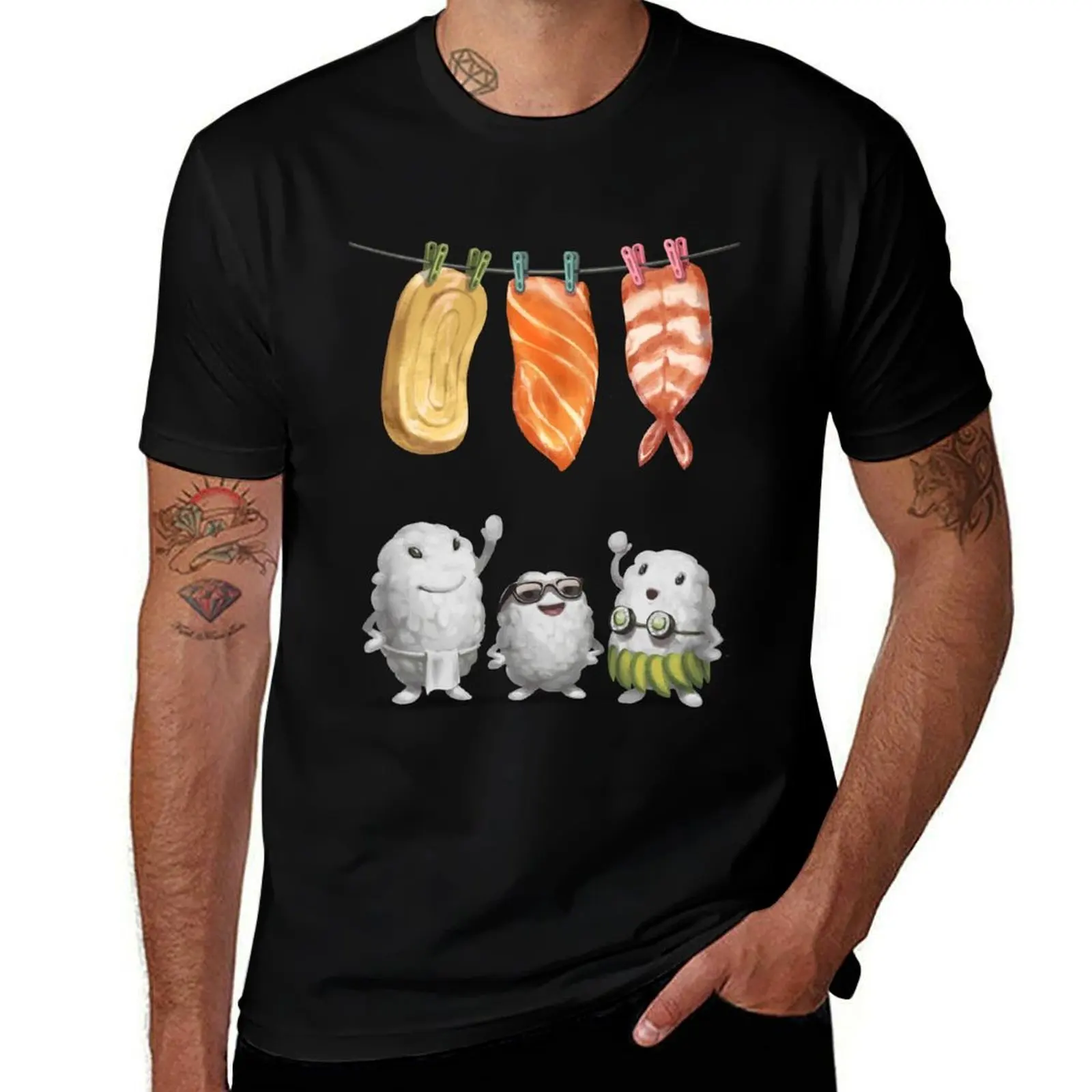 Camiseta con estampado de salmón, Tamago, Ebi Nigiri Sushi Doing Laundry, camiseta holgada de talla grande con estampado de comida japonesa