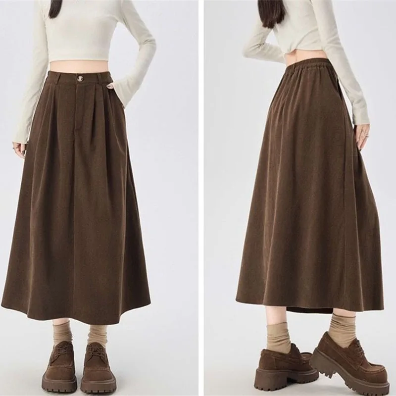 

Корейская женская юбка макси с высокой талией, осенняя, элегантная, однотонная, повседневная, весенняя, модная, вельветовая, длинная юбка для женщин