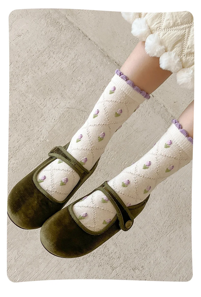 Mädchen-Baumwollsocken, Frühlings-Rüschensocken, lila Blumenmuster-Socken mit Schleife, 5 Paar, mittelhohe Socken, 1–12 Jahre, Baumwollsocken für Kinder. – Detail 15
