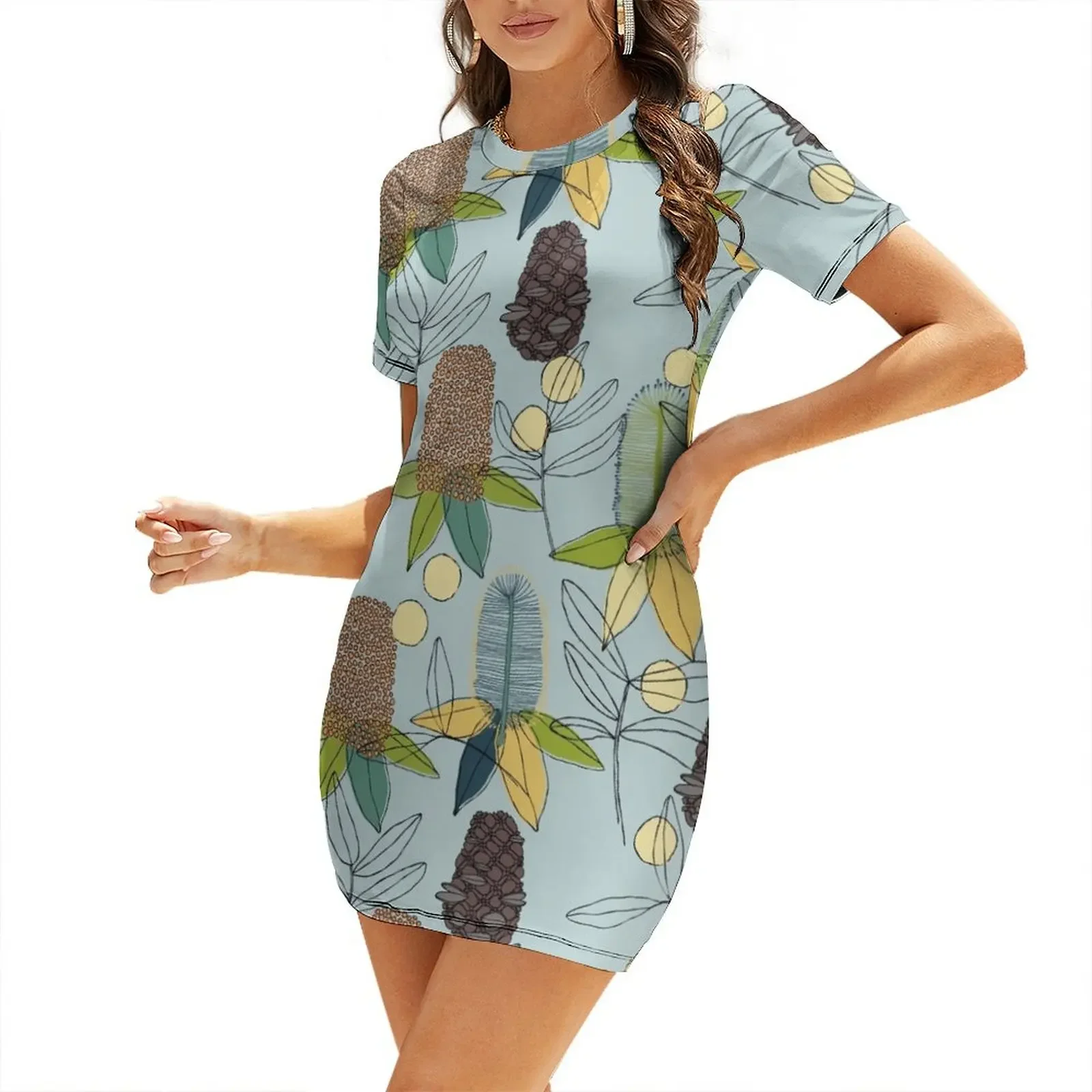 

Blue Australian botanicals Short-Sleeved Dress loose summer dress women dress prom dresses
