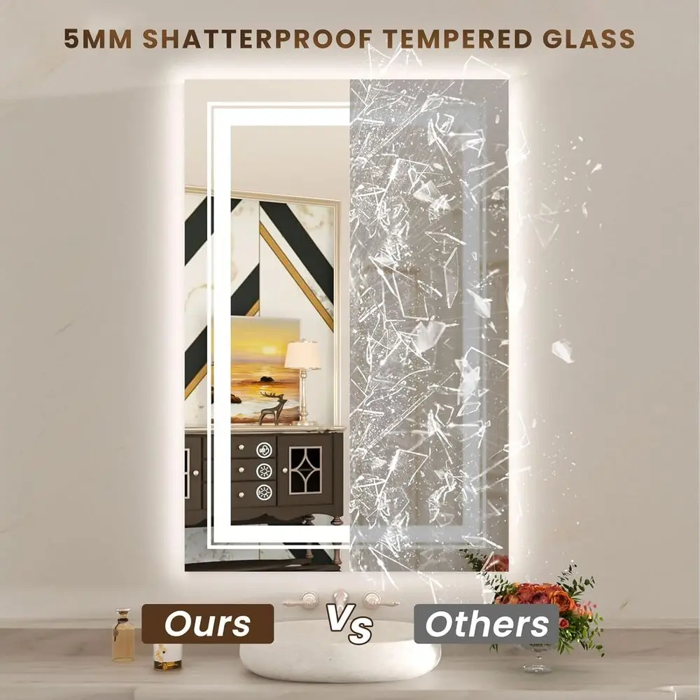 20x28 LED Illuminated Bathroom Mirror with RGB Backlight, 3 Front Lights, Stepless Dimmable, Anti-Fog, Memory Function, Shatter-