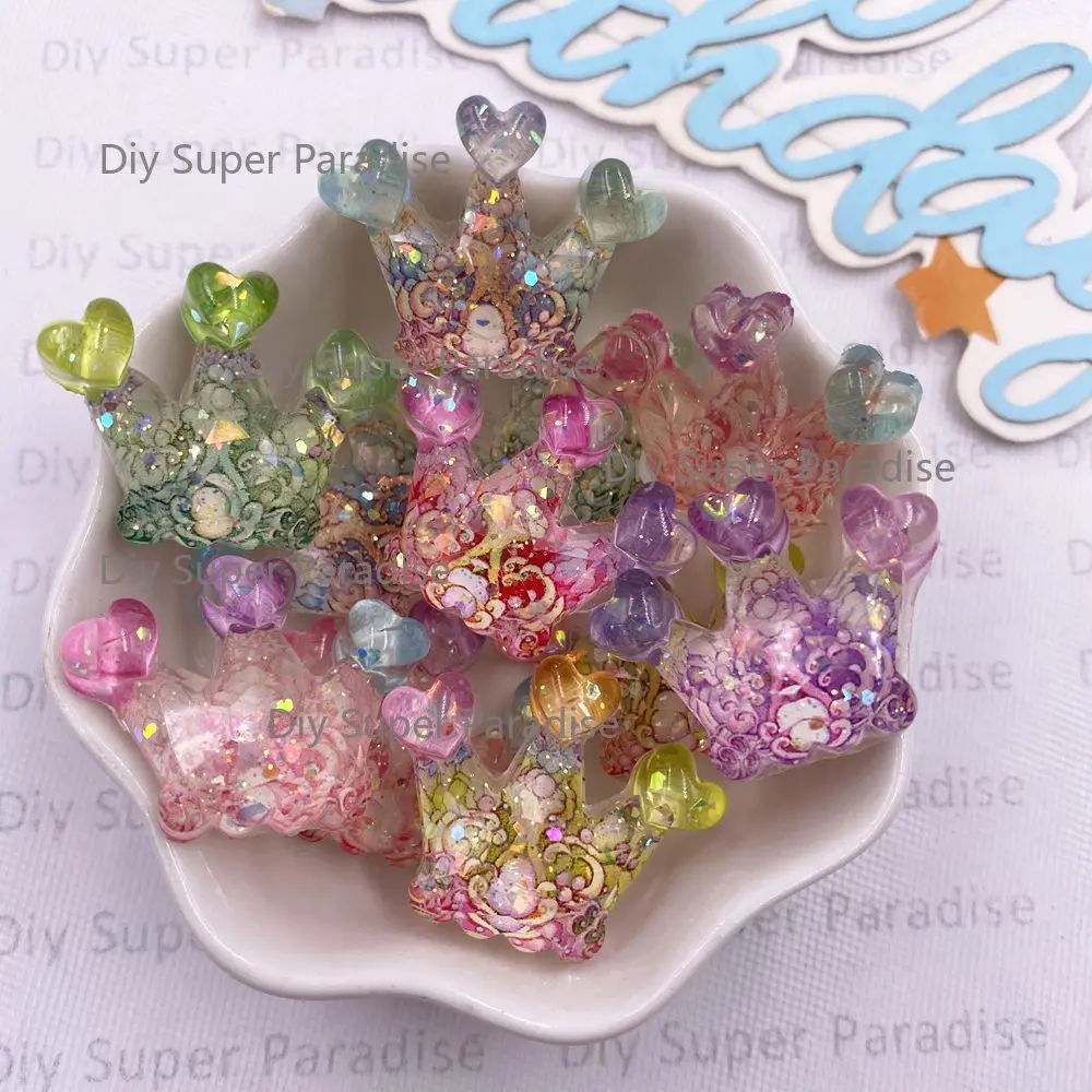10PCS Mixed Colorful Glitter Resin Cartoon Crystal Flower Crown Flatback Rhinestone Figurines DIY Wedding Decor Scrapbook Crafts