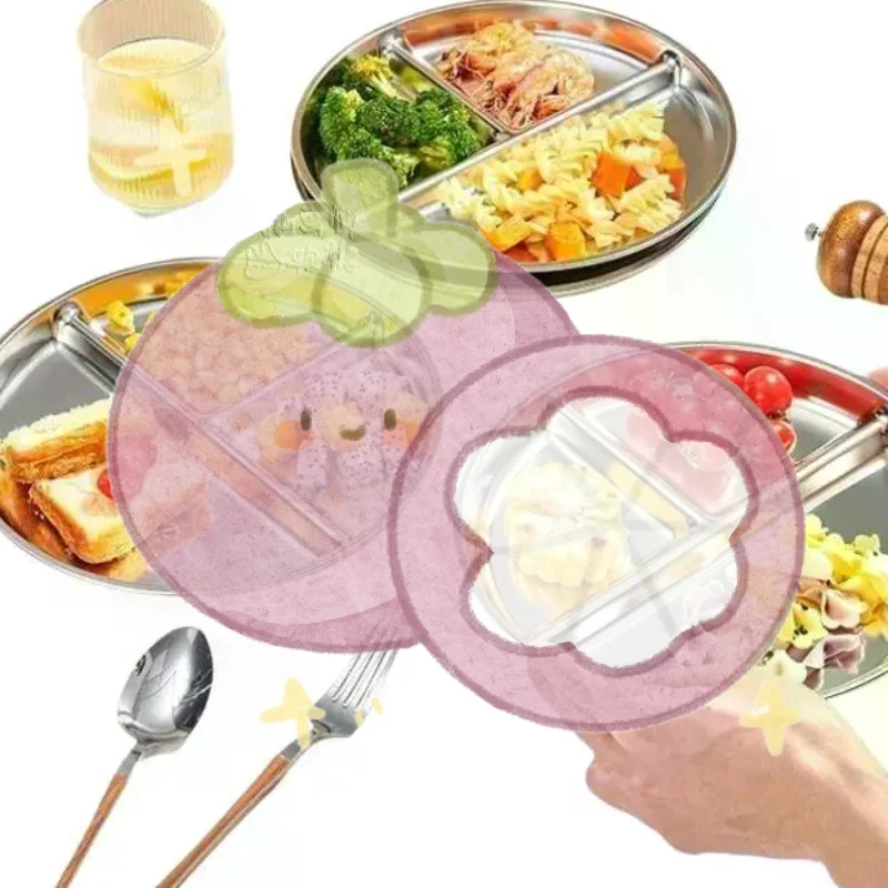 Food Grade Stainless Steel Round Dinner Plate 23CM 3 Grid Durable Serving Tray 1/3Pcs for Outdoor Camping Picnic Use