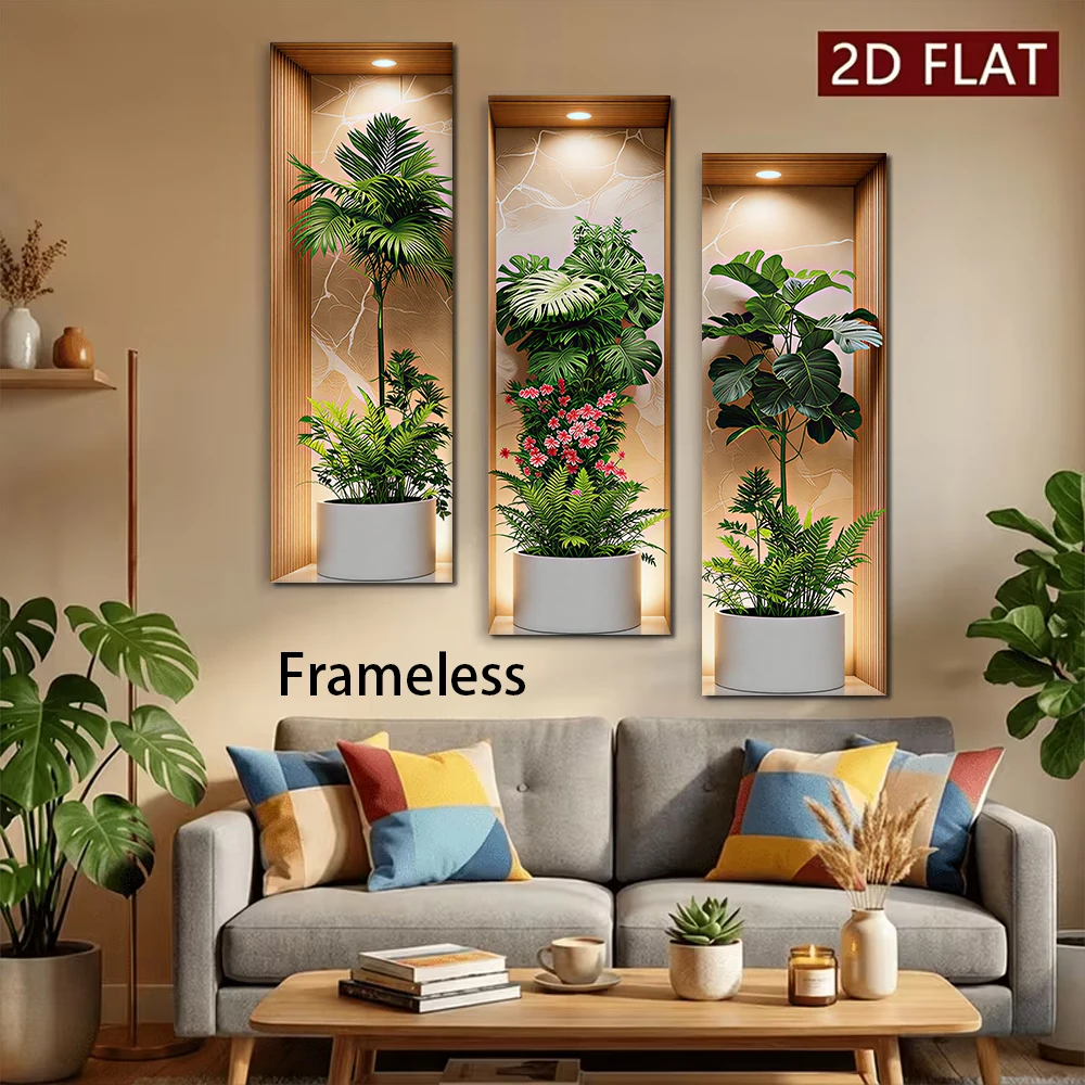1 set of modern simple triple frameless entrance wall stickers, simulated green plant and flower decoration paintings, living ro