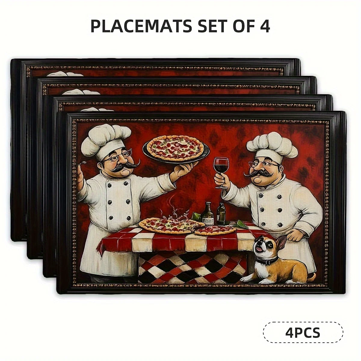 4pcs Rectangular Placemat Set, Timeless Vibrant Chef Print for Restaurant Home Kitchen Housewarming Xmas Gift Table Decor