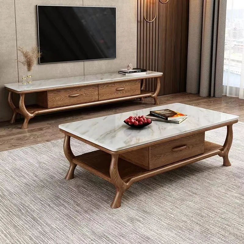 B Solid wood coffee table TV cabinet combination modern simple marble small apartment living room household rock slab small