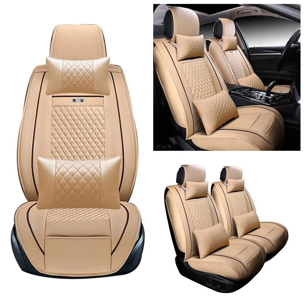 

Car Seat Covers Front 2 Seats Covers with Headrest and lumbar PU Leather Hatchback Pickup Seat Protector Beige