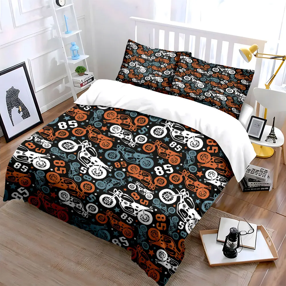 Retro Motorcycle and Number Pattern Printed Duvet Cover Set1 Duvet Cover+2 PillowcaseMulti Size Bedroom Bedding Decor