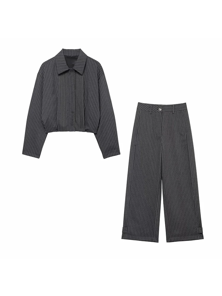 Gestreifte Piloten-Reißverschluss-Langarmjacke für Damen, breite 2-teilige, gestreifte Hosen-Sets mit verstellbarem Saum