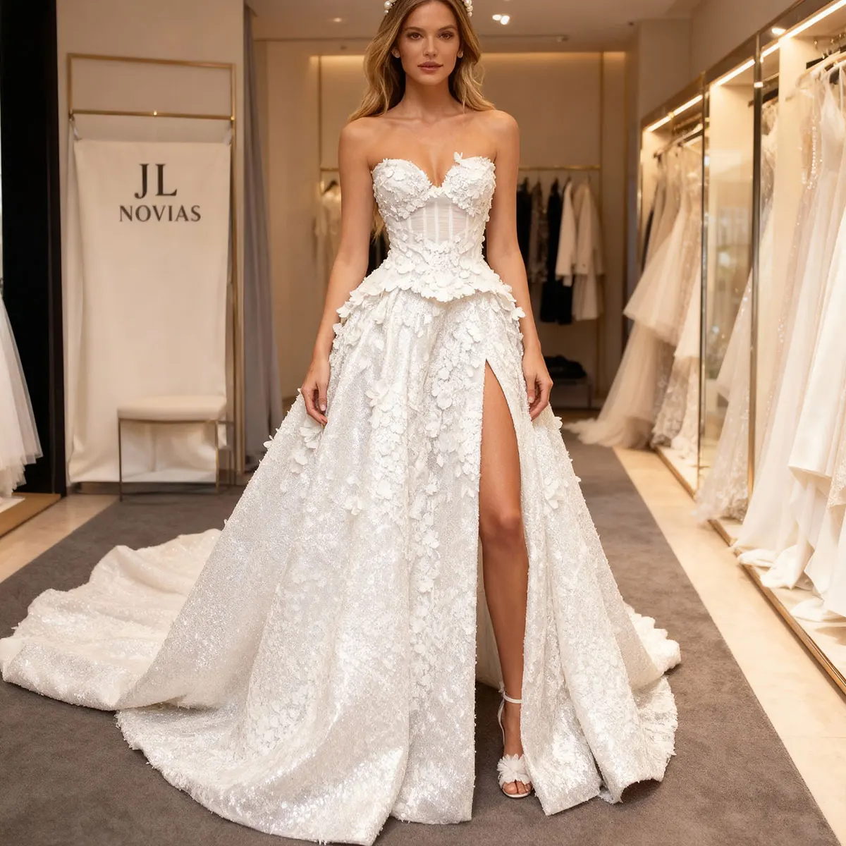 

Elegant Lace Appliques Wedding Dress With Train Long Strapless Ball Gown For Bride Long A Line Bridal Party Gown Vestidos Novia