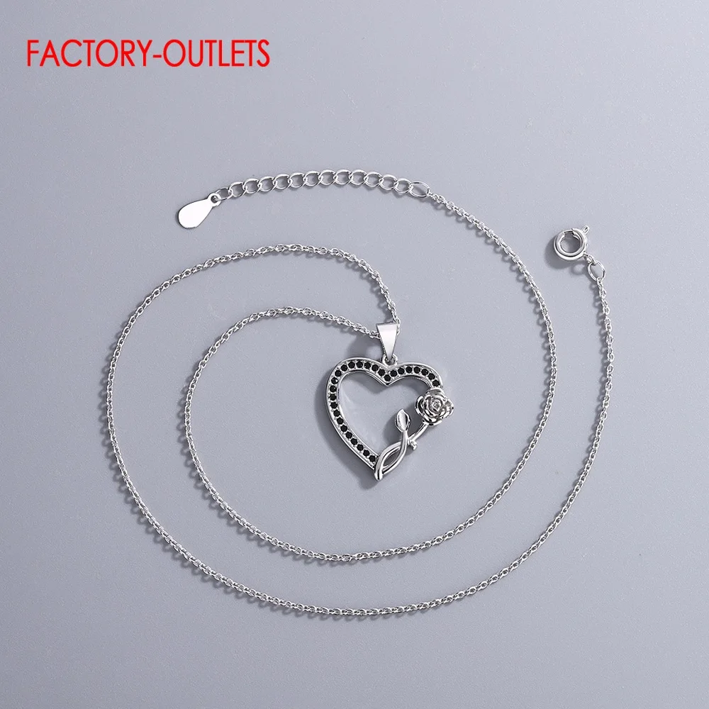 Classic Pure 925 Sterling Silver Color Hear Rose Pattern Pendant Necklace For Women Fashion Simple Necklace Fine Jewelry