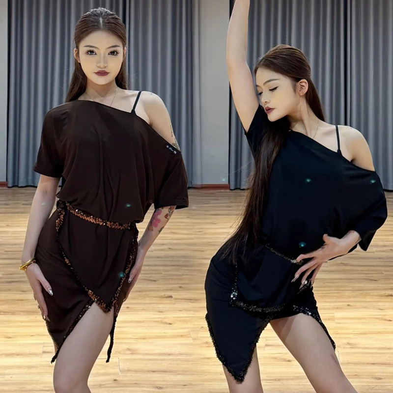 

2025 Latin Dance Performance Clothes Women Bat Sleeves Tops Slit Skirt Summer Rumba Dance Costume Competition Clothing DNV22525