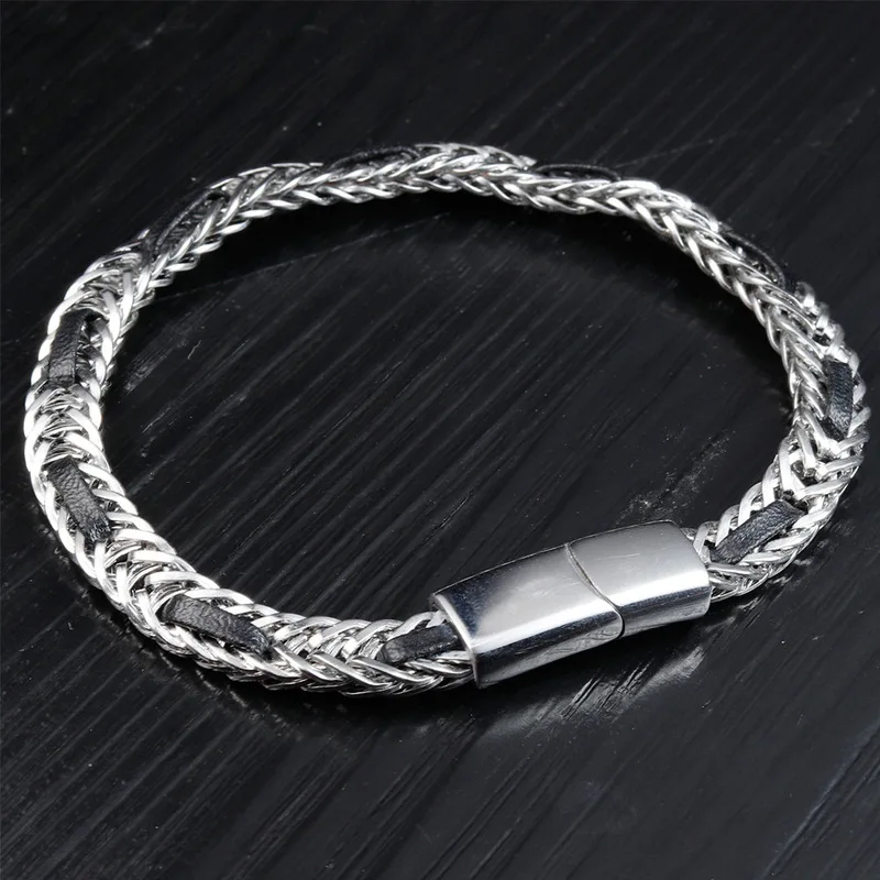 Black Leather Braided Bracelet for Men Stainless Steel Chain Multi Layer Woven Genuine Cowhide Cord Handmade Cuff Bangle Fashion