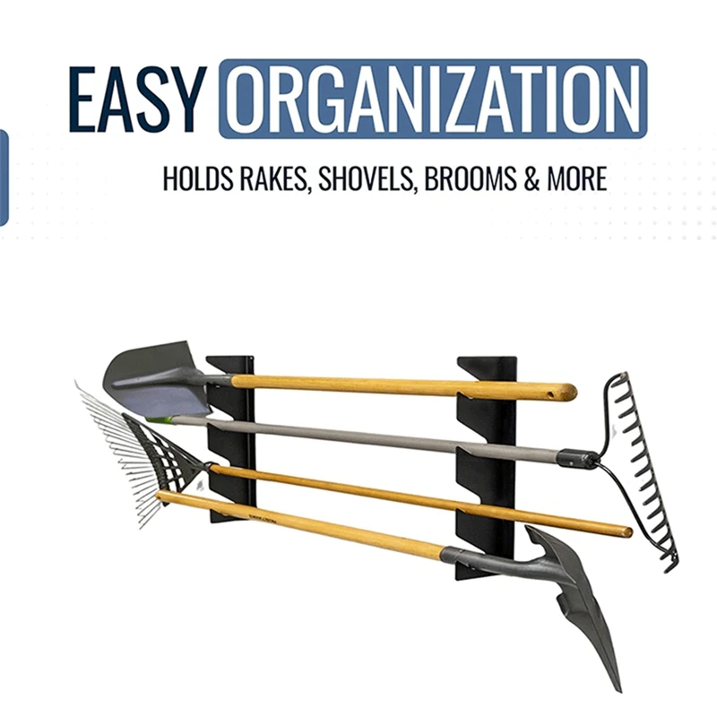 ABRU-Horizontal Garden Tool Organizer, Garage Organization Rack For Shovels Rakes Brooms And Mops, Solid Steel Holds