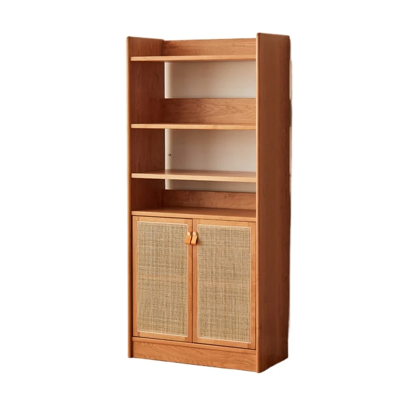 

North American Cherry Wood Solid Wood Bookcase Side Cabinet Log Cabinet Double Door Rattan Dust Locker Storage Bookshelf