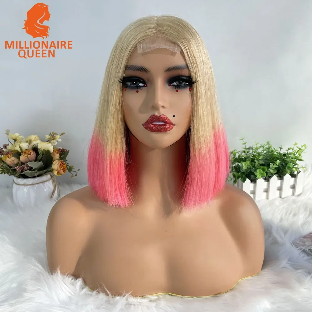 Pink Super Double Drawn Bob Wig Human Hair 2X6 Deep Part Lace Closure Bob Wigs 250 Density Vietnamese Straight Lace Closure Wigs