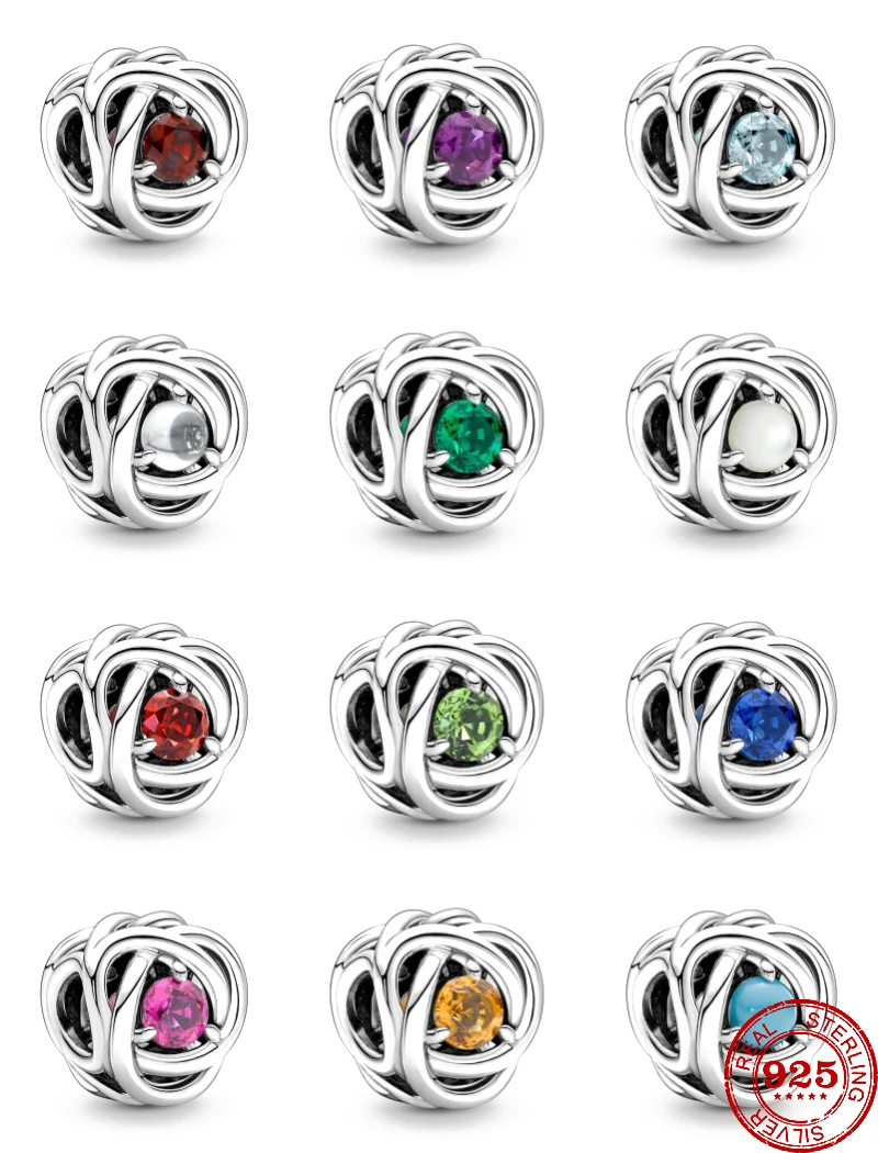 

New 925 Sterling Silver 12 Color Month Charm Birthstone Fine Beads Fit Original Pandora Bracelet For Women Birthday DIY Jewelry