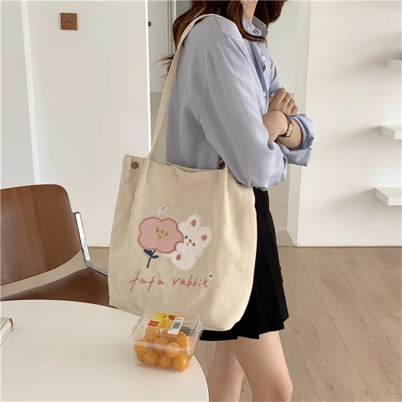 Large Capacity Shoulder Bag Corduroy Cute Rabbit  Embroidery Ladies Casual Handbag Fashion Shopping Bag Schoolbag For Student